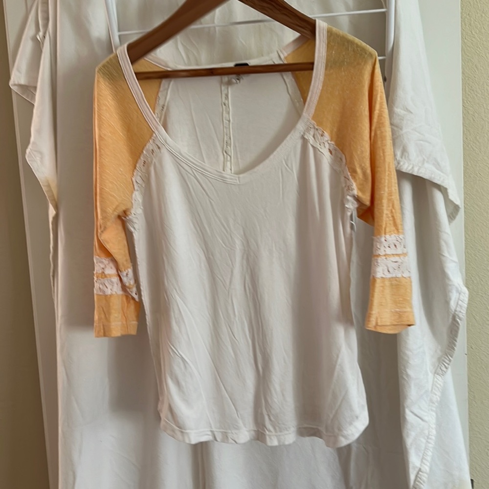 Free People-We the Free Long Sleeve Lace Top Size L/G White/Tangerine